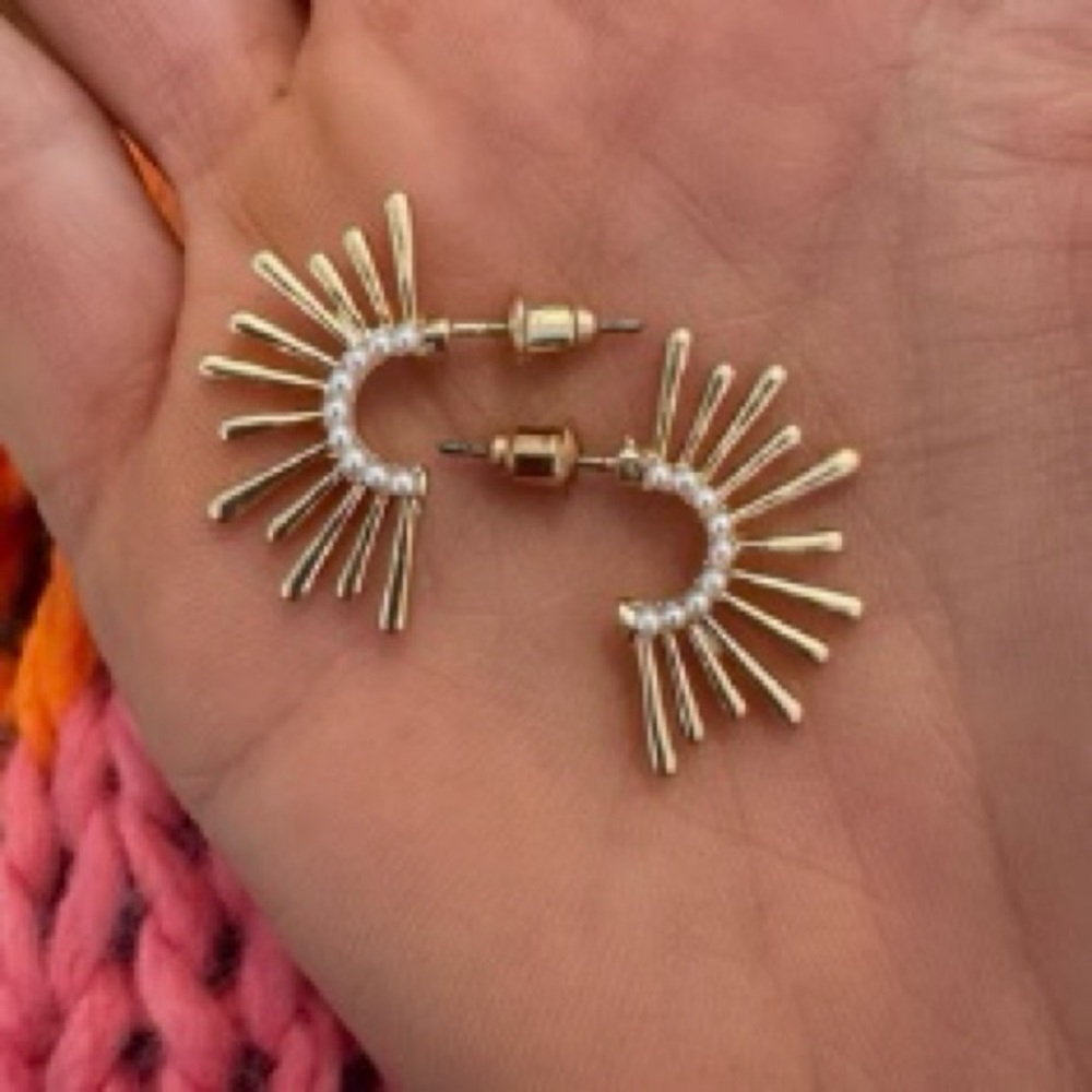 Gold and White Fan Design Earrings
